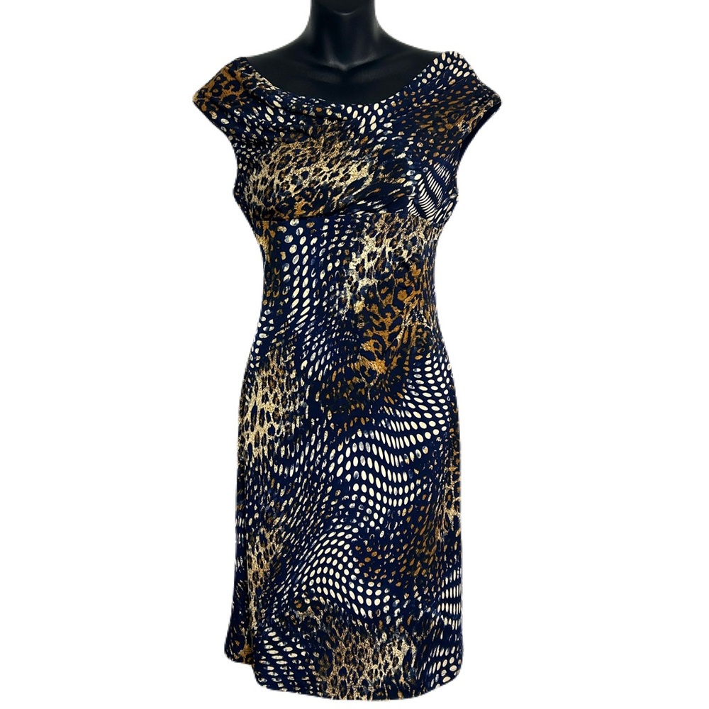 Connected Apparel Leopard Print Sleeveles Midi Sheath Dress with a Cowl Neckline